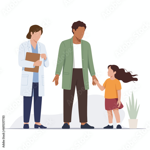 This image depicts a healthcare professional engaging with a man and a child, emphasizing the significance of family support during health consultations.