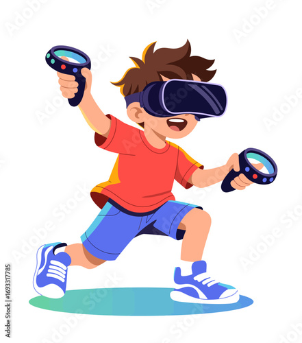 This illustration captures the joy of a young boy with a VR headset and controllers, showcasing his excitement and enthusiasm for virtual gaming adventures.