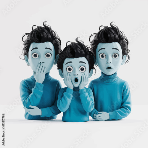 A captivating illustration of three children in shock, depicting a powerful expression of emotions with hands on their cheeks, exploring themes of innocence and surprise.