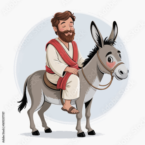 A whimsical illustration of a bearded man in traditional robes joyfully riding a donkey, depicting a scene of innocence, traditional values, and playfulness.