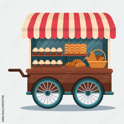 This delightful bake cart displays an assortment of pastries and cupcakes, embodying a warm and inviting atmosphere perfect for gatherings and celebrations of all kinds.