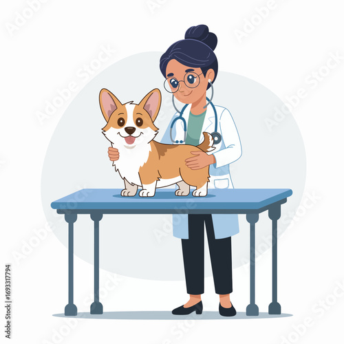 A dedicated veterinarian positively interacts with a corgi, showcasing the loving relationship between pets and their caregivers in a professional and inviting veterinary environment.