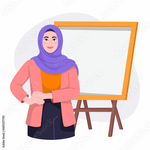 A confident woman in a hijab stands in front of an empty whiteboard, promoting a positive and engaging atmosphere for learning and collaboration in education.