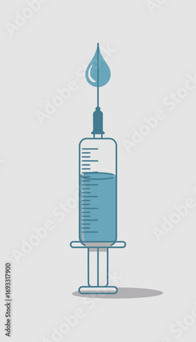 A syringe poised with a droplet at its tip signifies readiness for use, emphasizing the critical aspects of healthcare, medical professionalism, and precision in administration.