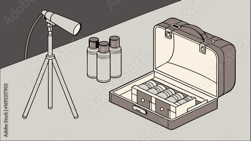 Vintage Film Equipment and Supplies Retro Photography Studio Setup Isometric Illustration.