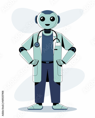 This cute robot medical professional smiles brightly in a lab coat and stethoscope, representing the future of medicine with a friendly, supportive approach to health.