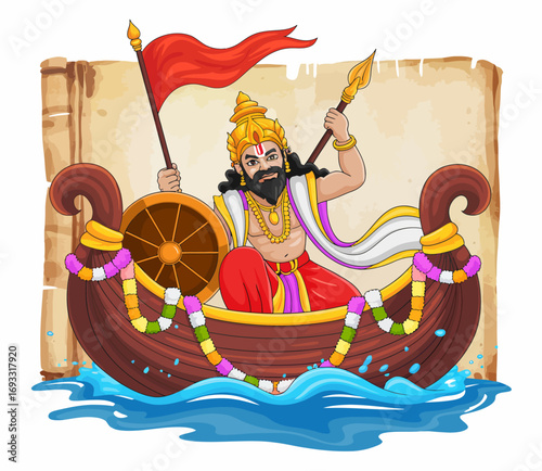An illustrated warrior in a boat, holding a spear and flag, surrounded by flowing water, representing strength and valor in a mythical setting.