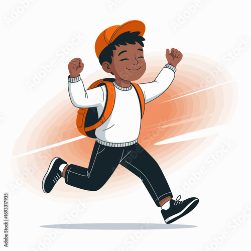 This vibrant illustration showcases a joyful child sprinting happily with a stylish orange backpack, embodying the carefree spirit of youth and adventure in life.