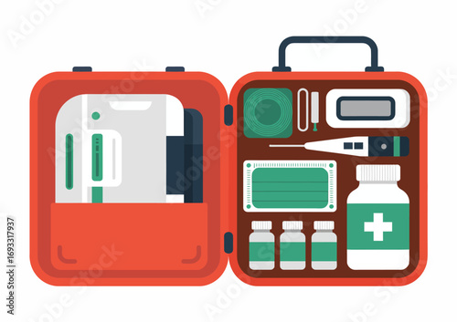This image showcases a comprehensive first aid kit, highlighting various medical supplies such as syringes, a thermometer, and bottles, perfect for emergency preparedness.