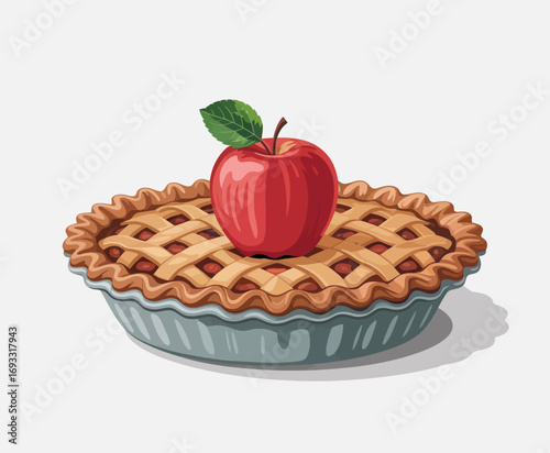 This image features a beautifully baked apple pie, meticulously crafted with a lattice crust, topped with a vibrant red apple and a green leaf for a touch of freshness.