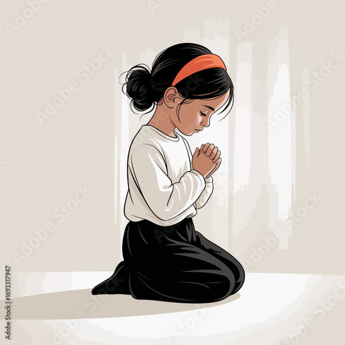 This image captures a kneeling child in focused prayer, reflecting inner peace and mindfulness, with a soft background that enhances the overall mood of tranquility.
