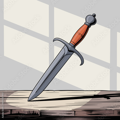 A beautifully designed dagger with a sleek blade and a wooden handle, resting on a textured wooden surface illuminated by soft natural light.