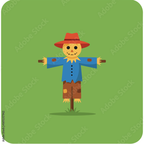Cartoon scarecrow on a verdant green background