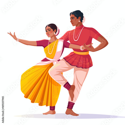 A dynamic dance pairing artistically showcasing their colorful costumes and movements, signifying the vibrancy and cultural richness of traditional dance.