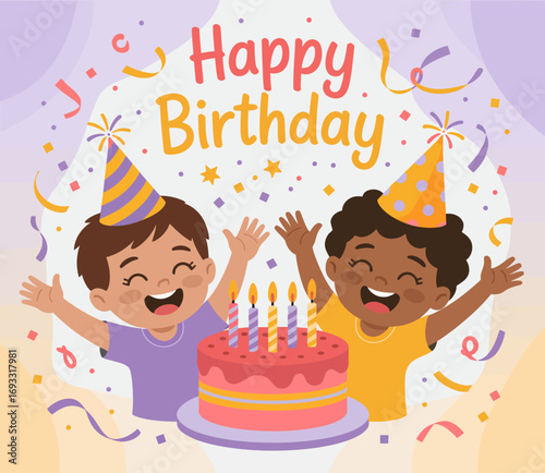 Two thrilled kids rejoice during a birthday celebration, surrounded by festive decor, a vibrant cake, and candles, perfectly capturing the joy of childhood.