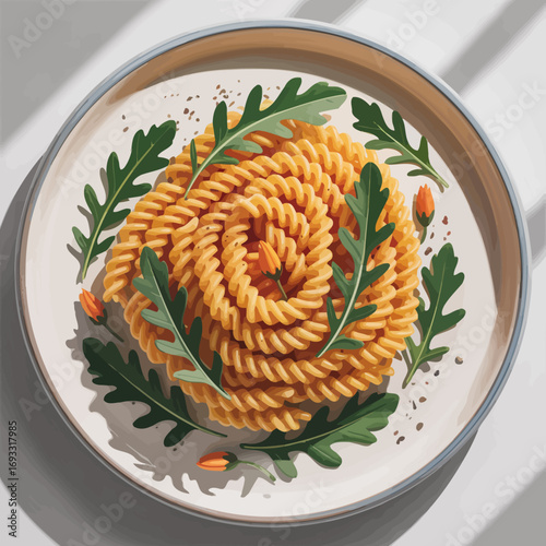 A beautifully arranged dish of spiral pasta complemented by greens and flowers, exemplifying the art of food presentation and culinary aesthetics.