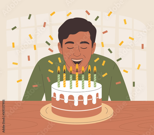 A heartwarming illustration of a young man celebrating his birthday with a cake and candles, exuding joy, surrounded by an atmosphere of love and festivity.