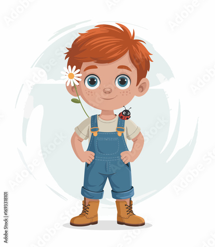 An endearing illustration of a young boy with red hair dressed in blue overalls, proudly holding a daisy flower and accompanied by a ladybug, radiating innocence and joy.