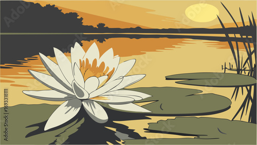 Water Lily Flower in Sunset Lake - Calm Nature Scene Illustration.