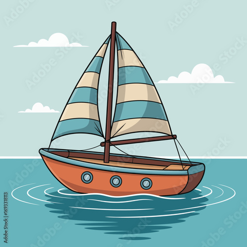 A charming sailboat with blue and white striped sails gently floats on calm waters under a clear blue sky, embodying a serene and picturesque maritime experience.
