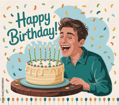 An engaging illustration showcasing a joyful young man celebrating his birthday near a cake with candles, radiating fun, happiness, and shared joy with friends.
