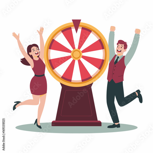Two delighted contestants cheerfully celebrate their spin on a vibrant prize wheel, embodying excitement, anticipation, and the thrill of winning in a festive atmosphere.