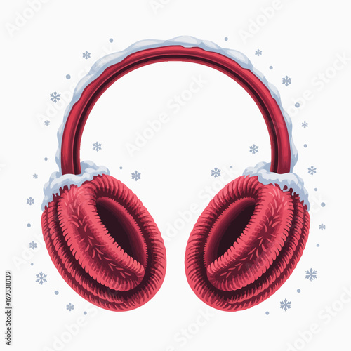 This charming image presents red headphones accented with snowy details, encapsulating a playful essence of winter music joy perfect for the festive season.