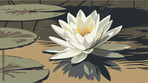 Water Lily Flower in Pond Aquatic Plant Nature Illustration Botanical Art Floral Design Lily Pad Peaceful Scene Summer Bloom Serenity Tranquility Water Plant Garden Design White Flowe.