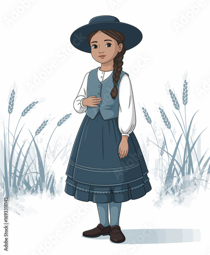 This image showcases a young girl in traditional attire, embodying the spirit of rural life against a backdrop of wheat, emphasizing cultural heritage and innocence.