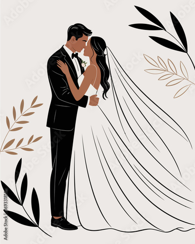 An elegant depiction of a wedding couple in a tender embrace, beautifully captured in an artistic style, symbolizing love, commitment, and the joy of their union on a special day.