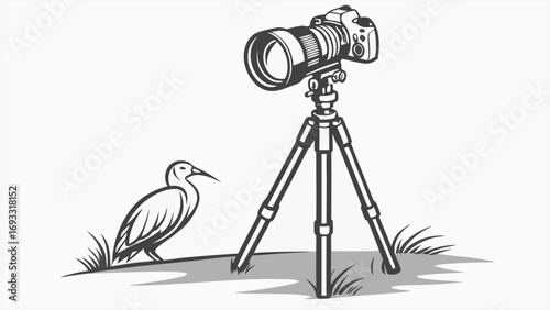 Wildlife Photography Setup DSLR Camera on Tripod with Bird Illustration.