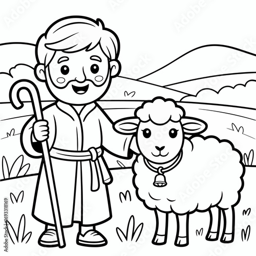 A delightful cartoon illustration featuring a cheerful shepherd with his sheep, showcasing themes of joy, friendship, and the simplicity of rural life in a whimsical design.