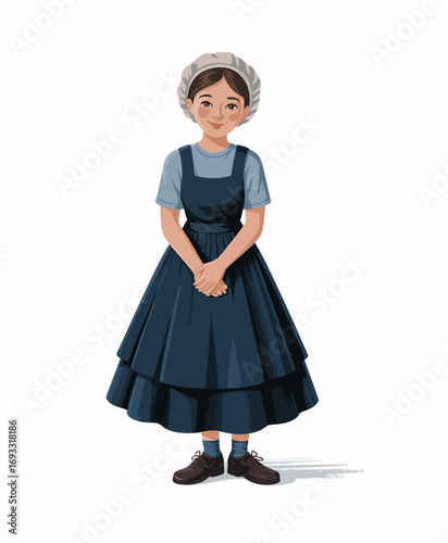 A charming young girl in a classic dress, expressing innocence and joy, beautifully highlighted in a soft light, blending traditional style with contemporary allure.