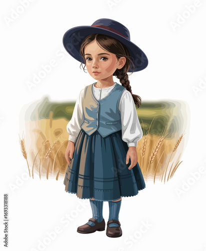 The image captures a charming young girl in a lovely traditional outfit, set in a wheat field, symbolizing childhood innocence and the beauty of nature.