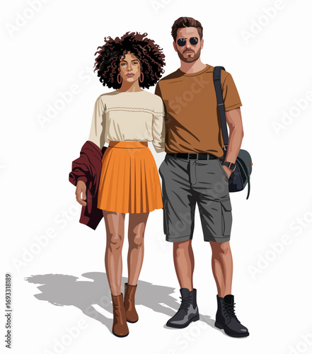 A trendy couple poses together in a bright and inviting setting, showcasing their stylish outfits while embodying youthfulness and modern culture.
