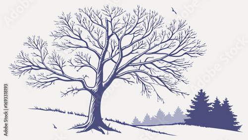 Winter Landscape Illustration Bare Tree Coniferous Trees Bird Silhouette Nature Drawing Winter Scene Cold Season Graphic Stylized Tree Art Minimalist Nature Illustration Nature Backgroun.