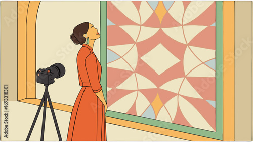 Woman admiring abstract art with camera on tripod.