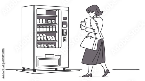Woman buying a drink from a vending machine simple line art illustration.