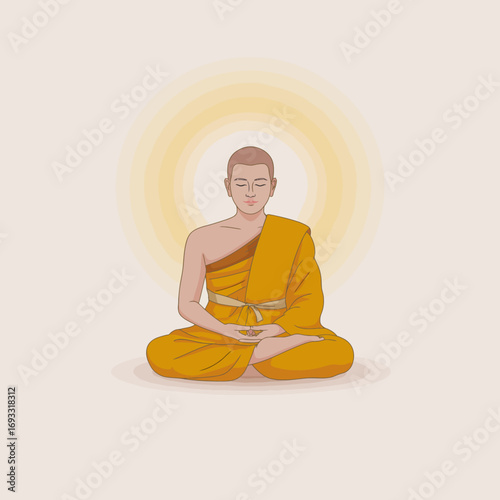 A visually striking image of a monk meditating, surrounded by a glowing aura, symbolizing enlightenment, peace, and connection to the universe in vibrant colors.
