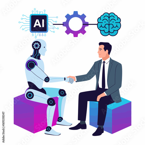 In this engaging image, a humanoid robot shakes hands with a businessman, representing a harmonious integration of artificial intelligence and human expertise in modern workplaces.