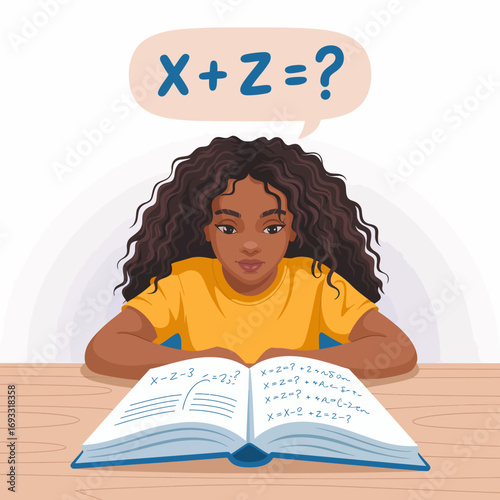 A young girl analyzing math equations written in a book, emphasizing her dedication to learning and the challenges faced during the education journey.