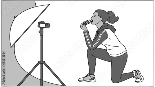 Woman eating chocolate bar in a photo studio with lighting equipment.