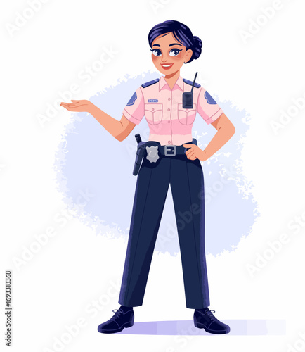 A dynamic police officer in a pink top and black pants, showcasing engagement and support, standing poised while presenting vital information in a professional manner.