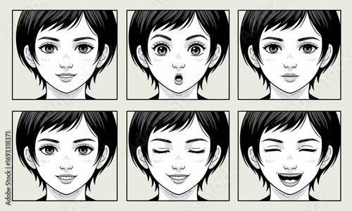 A grid of animated character faces, each exhibiting distinct emotions, capturing the essence of human expressions in a creative, captivating illustrative style.