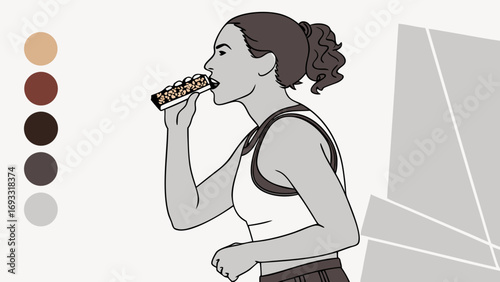 Woman eating healthy snack bar side profile illustration fitness nutrition healthy lifestyle.