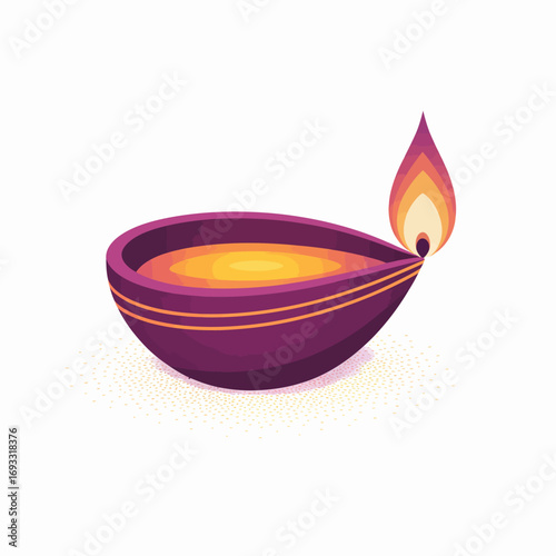 A contemporary diya with a flickering flame, designed in rich purple hues, represents prosperity and spirituality during Indian festivals.