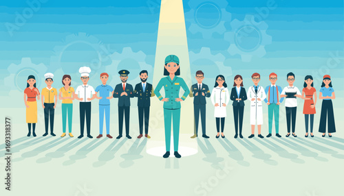 This image symbolizes professional diversity, showcasing individuals from different careers and backgrounds, emphasizing collaboration, teamwork, and inclusivity in the workplace.