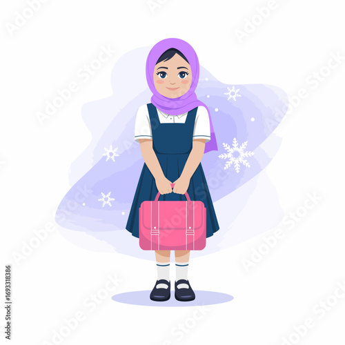 A cheerful young girl in a school uniform and hijab holds a pink backpack while standing against a snowy backdrop, embodying innocence and resilience in education.