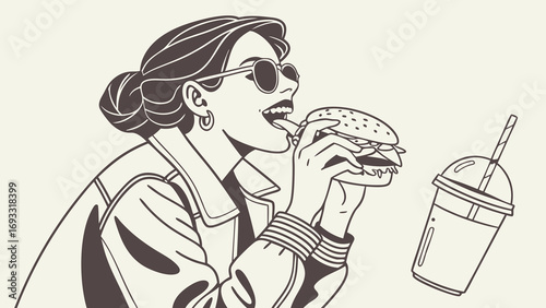 Woman enjoying a burger and a drink pop art style illustration.