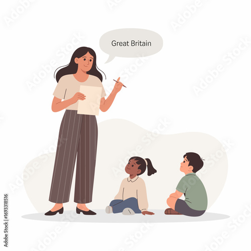 A teacher interacts with two students about Great Britain, emphasizing the importance of cultural education and fostering a supportive dialogue about history and geography.